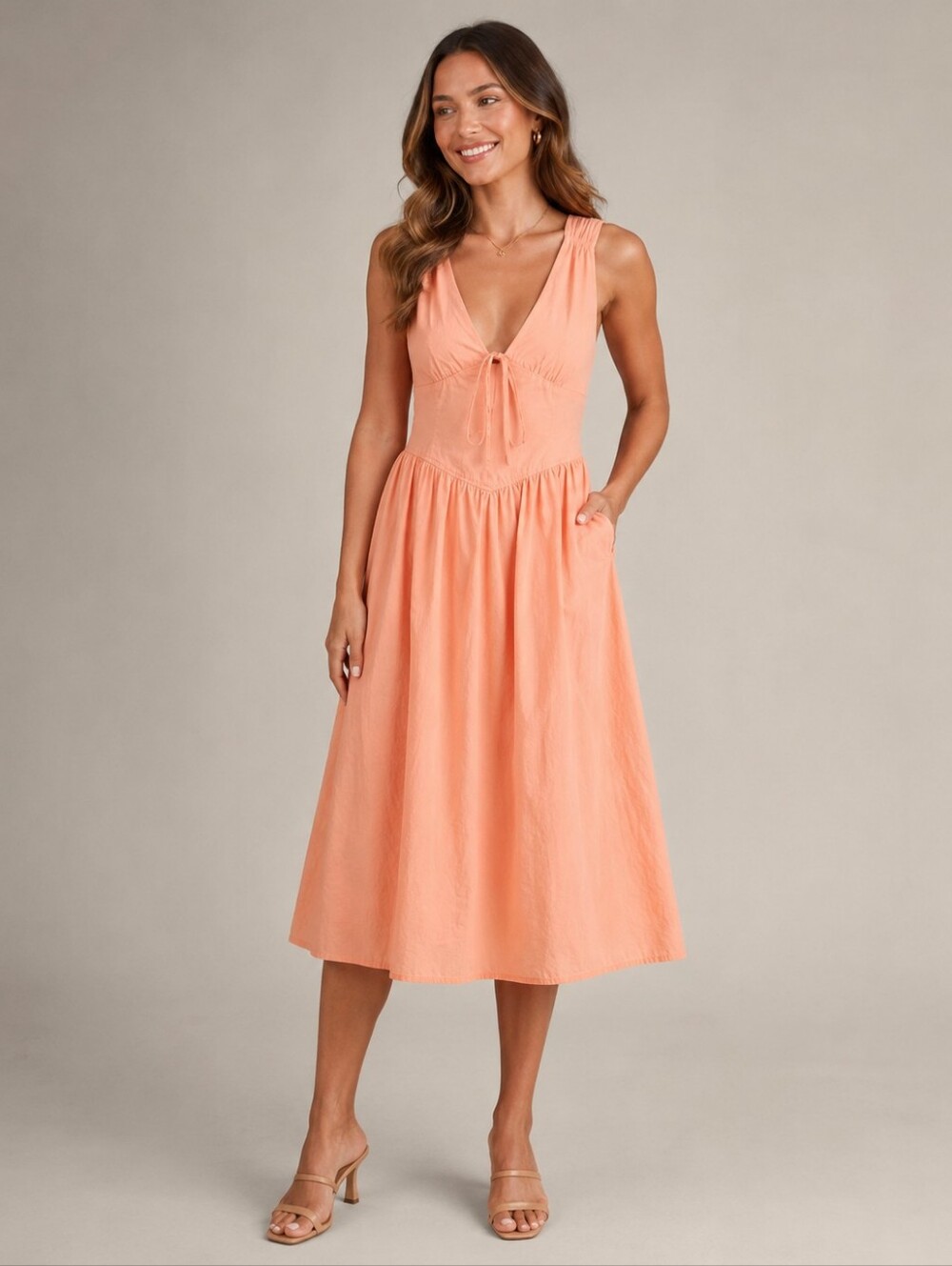Band Of The Free - 100% Cotton Sleeveless Peach Midi V-Neck Dress With Pockets